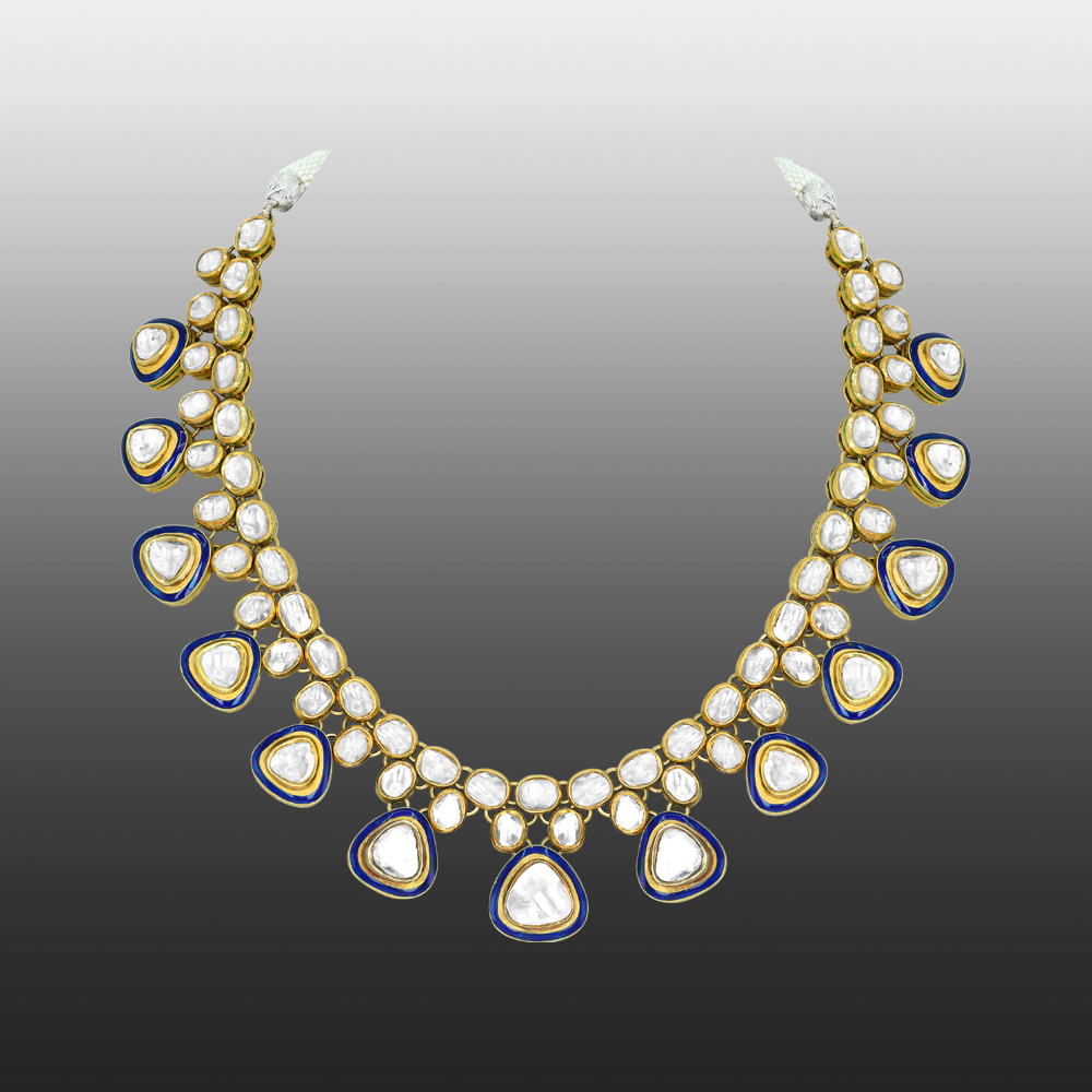 Triangle Polki Necklace with Blue Enamel